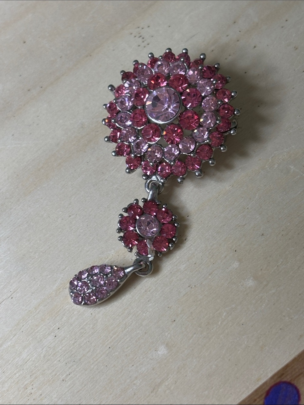 Vintage Style Pink Rhinestone Dangle Brooch Pin
